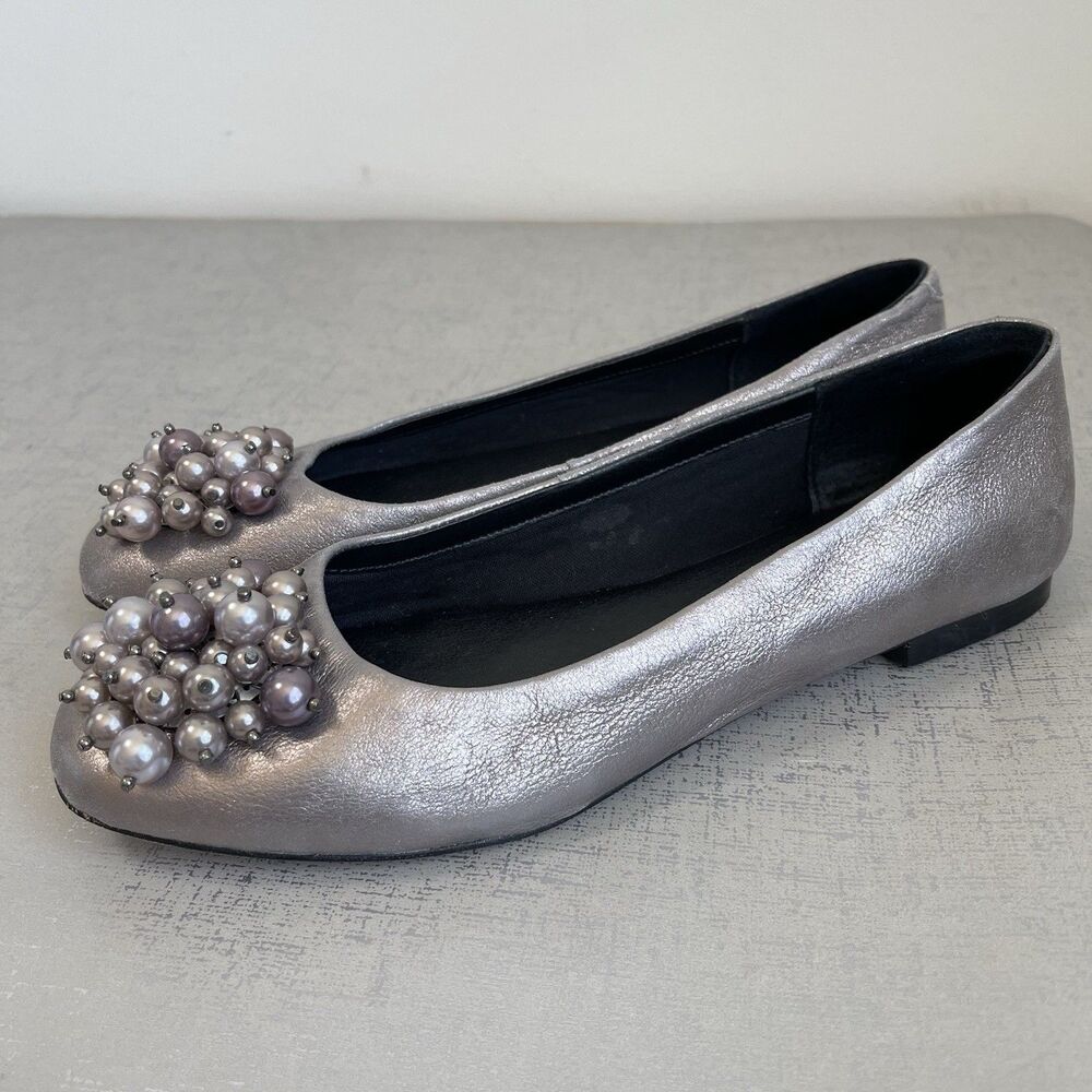 Chico's Leather Ballet Flats Chunky Pearl Embellished Slip On Shoes US 7 M Gray